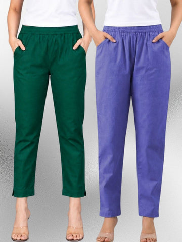 Bottle Green & Denimblue Regular Fit Elastic Cotton Trouser Combo