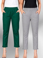 Bottle Green & Grey Regular Fit Elastic Cotton Trouser Combo