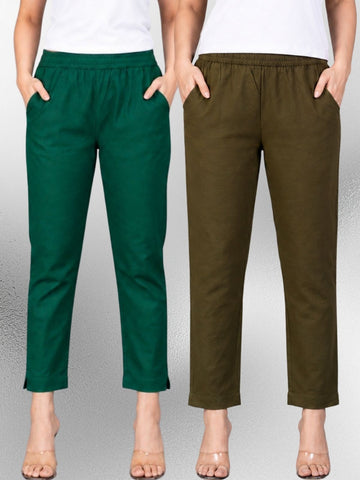 Bottle Green & Mehendi Regular Fit Elastic Cotton Trouser Combo