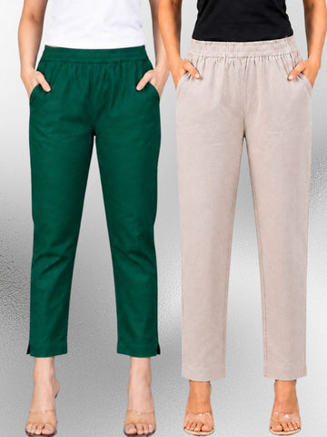 Bottle Green & Melange Regular Fit Elastic Cotton Trouser Combo