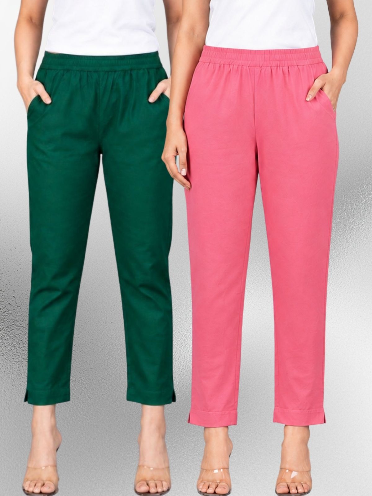 Bottle Green & Mauvepink Regular Fit Elastic Cotton Trouser Combo
