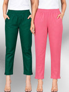 Bottle Green & Mauvepink Regular Fit Elastic Cotton Trouser Combo
