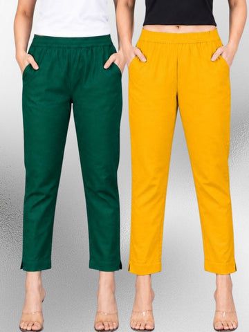 Bottle Green & Mustard Regular Fit Elastic Cotton Trouser Combo