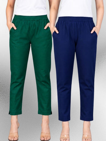 Bottle Green & Navyblue Regular Fit Elastic Cotton Trouser Combo