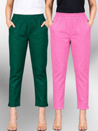 Bottle Green & Pink Regular Fit Elastic Cotton Trouser Combo