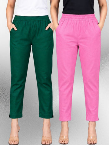 Bottle Green & Pink Regular Fit Elastic Cotton Trouser Combo