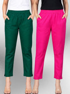 Bottle Green & Rani Regular Fit Elastic Cotton Trouser Combo