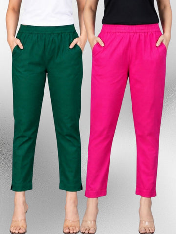 Bottle Green & Rani Regular Fit Elastic Cotton Trouser Combo
