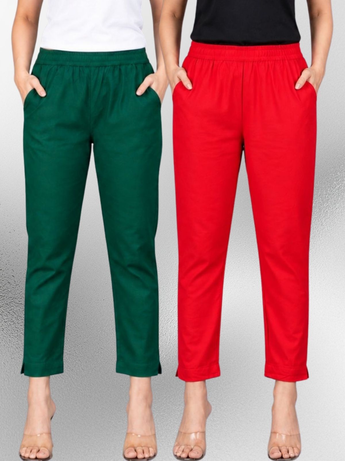Bottle Green & Red Regular Fit Elastic Cotton Trouser Combo