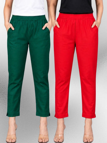 Bottle Green & Red Regular Fit Elastic Cotton Trouser Combo
