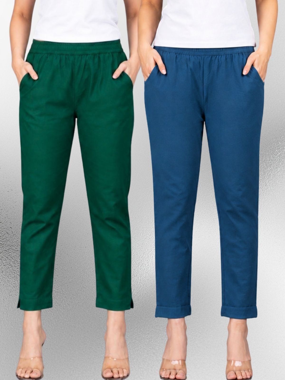 Bottle Green & Tealblue Regular Fit Elastic Cotton Trouser Combo