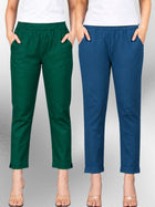 Bottle Green & Tealblue Regular Fit Elastic Cotton Trouser Combo