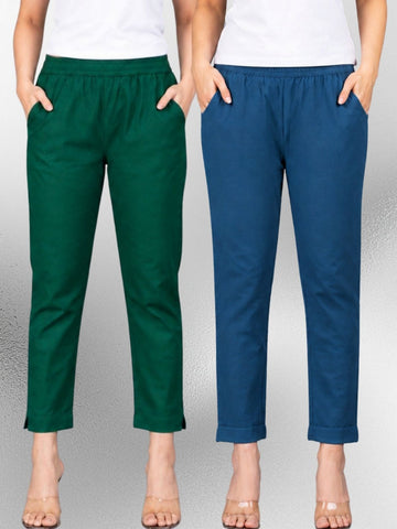 Bottle Green & Tealblue Regular Fit Elastic Cotton Trouser Combo