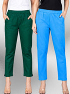 Bottle Green & Turquoise Regular Fit Elastic Cotton Trouser Combo