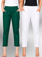 Bottle Green & White Regular Fit Elastic Cotton Trouser Combo