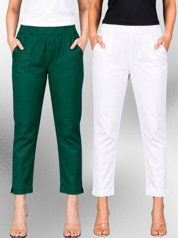 Bottle Green & White Regular Fit Elastic Cotton Trouser Combo