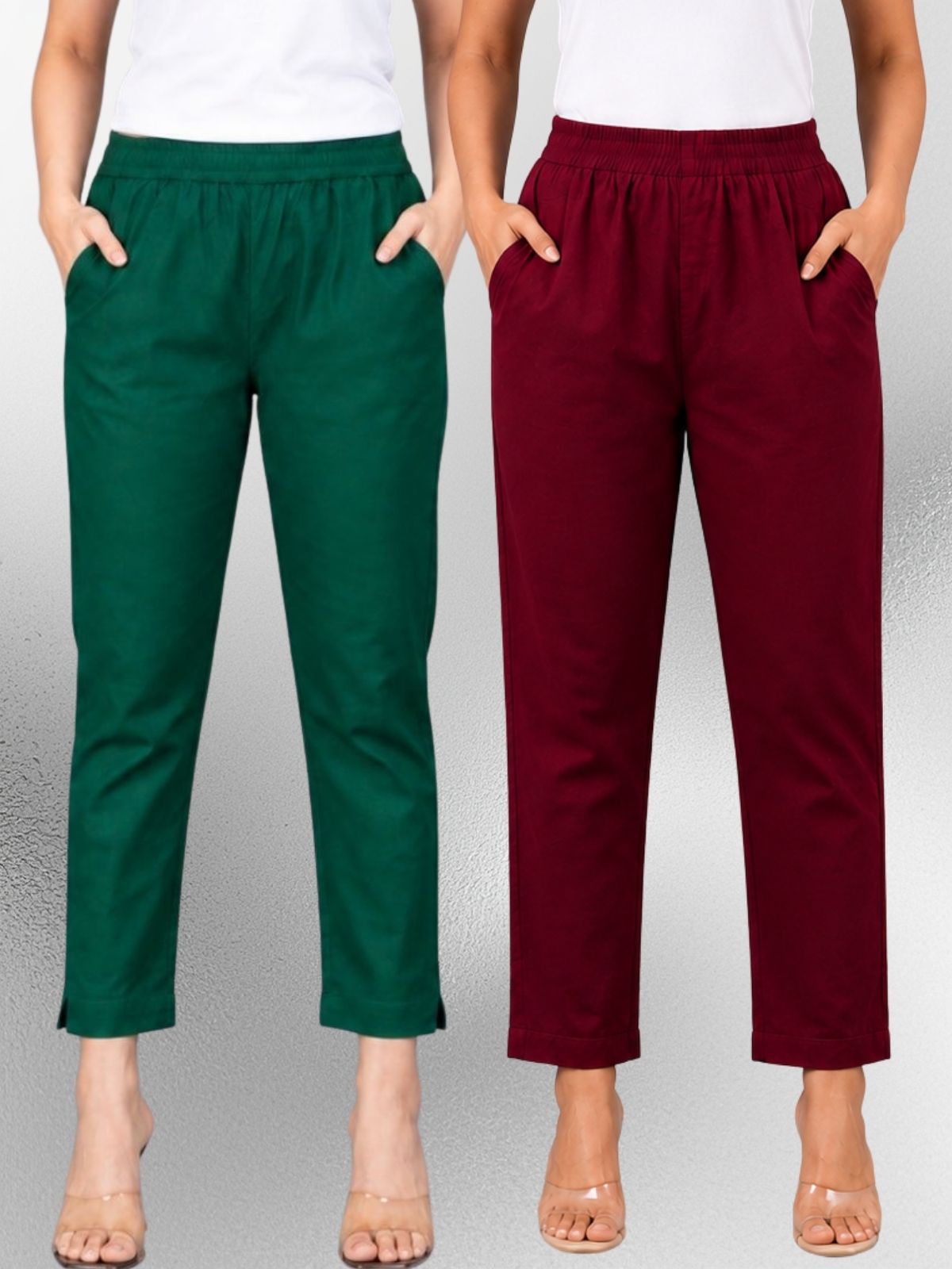 Bottle Green & Wine Regular Fit Elastic Cotton Trouser Combo