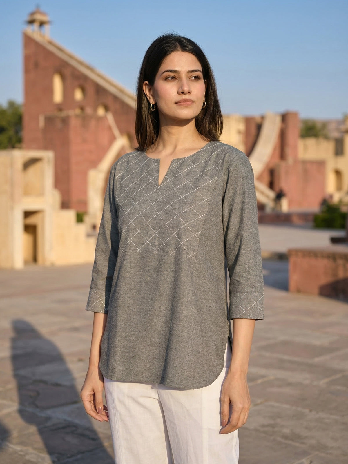 Biscuit Handloom Cotton Yoke Top