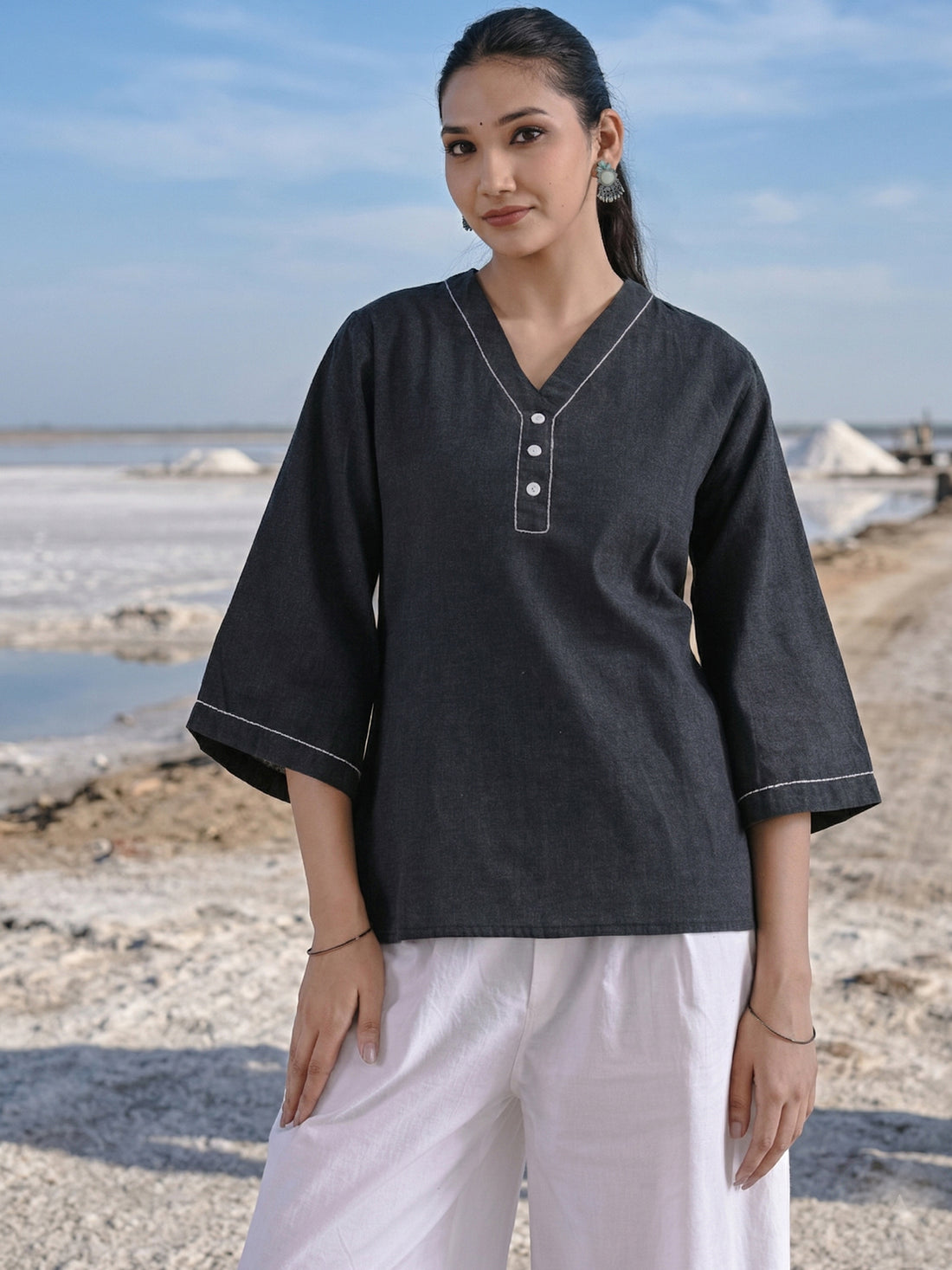 Black Handloom Anchor Thread Top