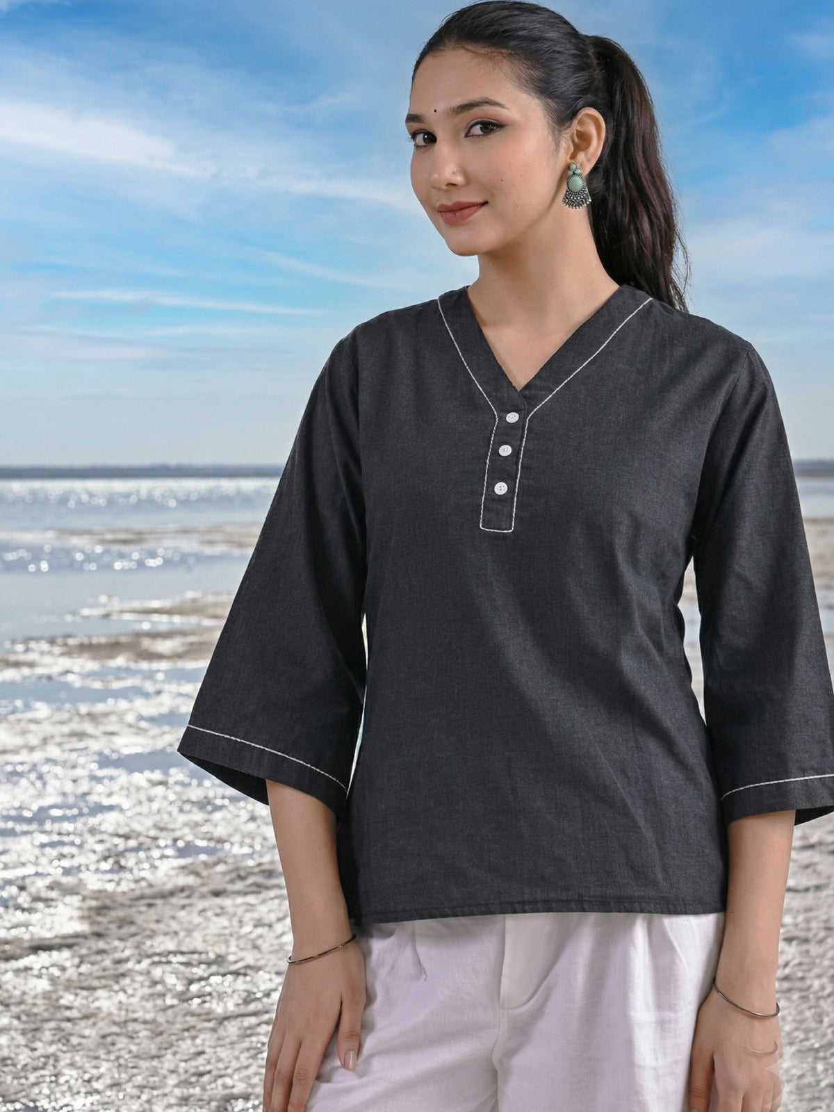 Black Handloom Anchor Thread Top