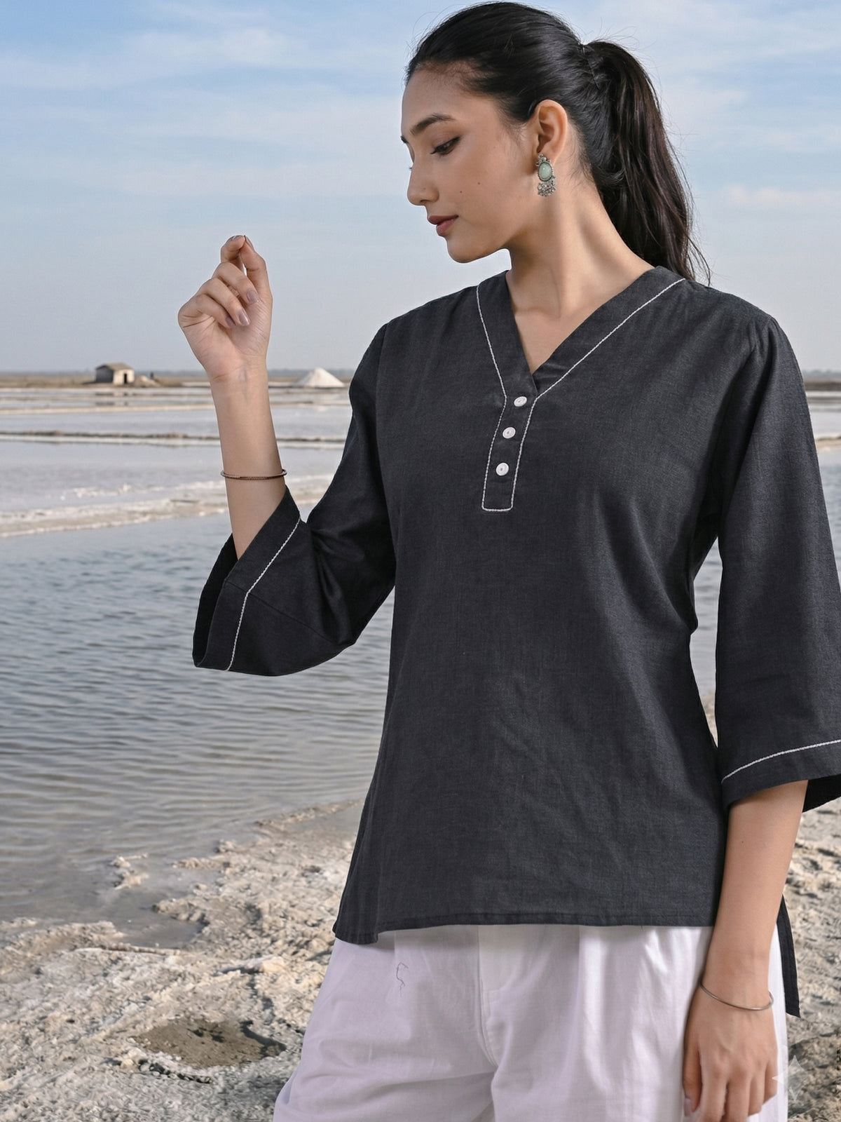 Black Handloom Anchor Thread Top