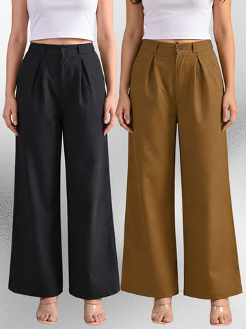 Black & Brown-Cotton Wide Leg Pants Combo