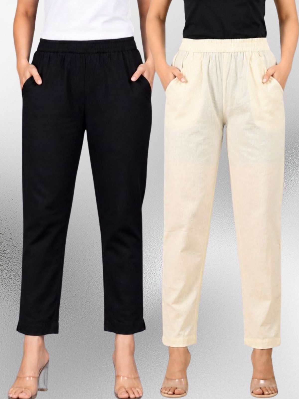 Black & Cream Regular Fit Elastic Cotton Trouser Combo
