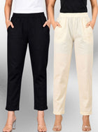 Black & Cream Regular Fit Elastic Cotton Trouser Combo