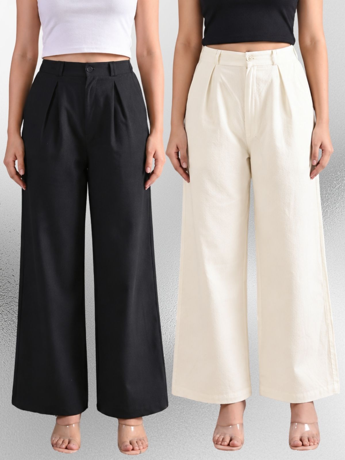 Black & Cream-Cotton Wide Leg Pants Combo