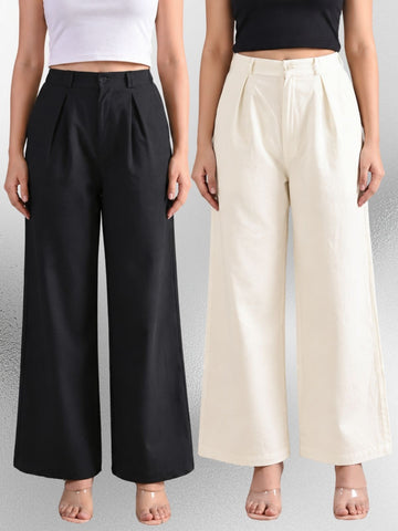 Black & Cream-Cotton Wide Leg Pants Combo
