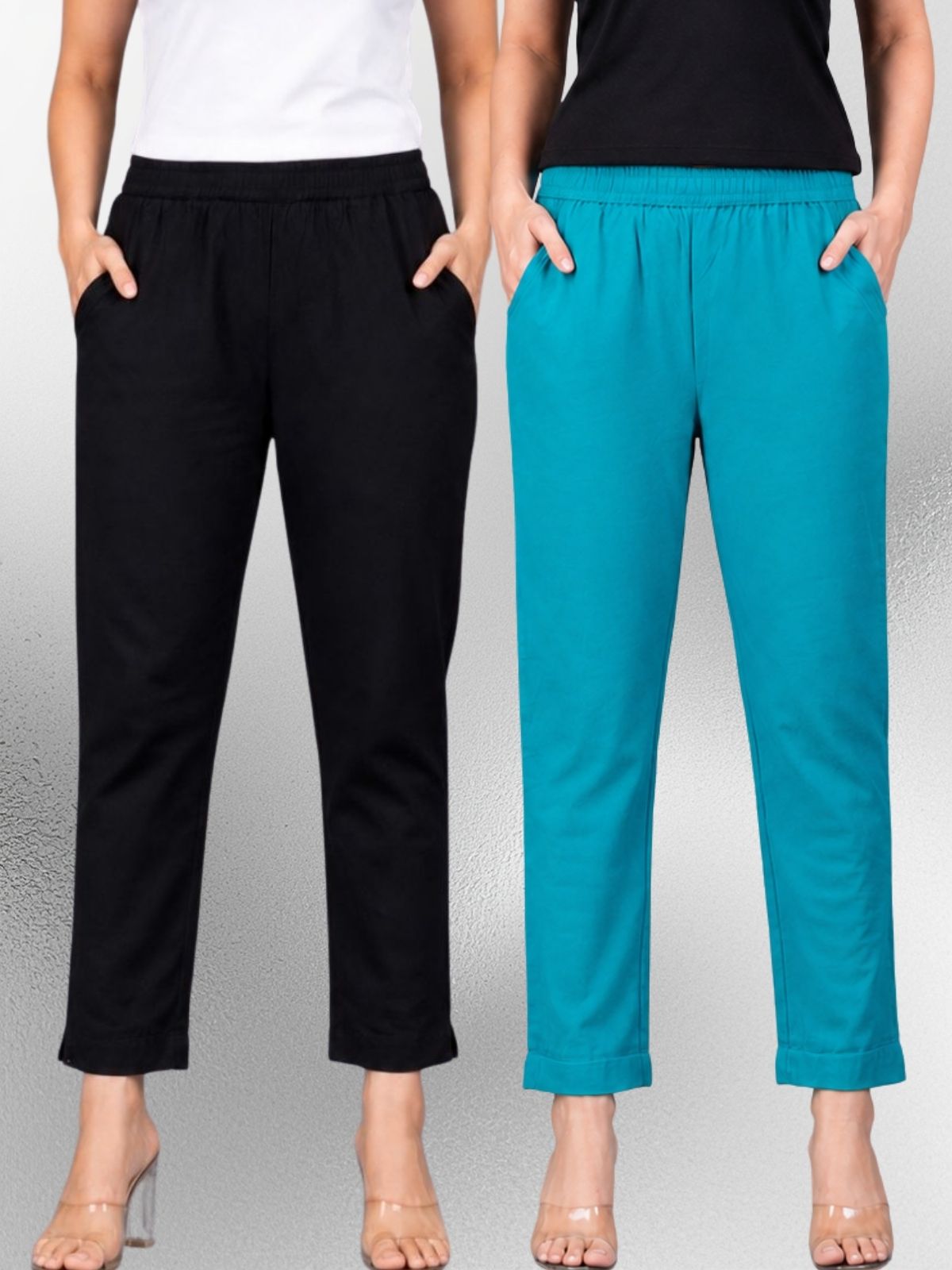 Black & Cyan Regular Fit Elastic Cotton Trouser Combo