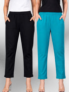Black & Cyan Regular Fit Elastic Cotton Trouser Combo