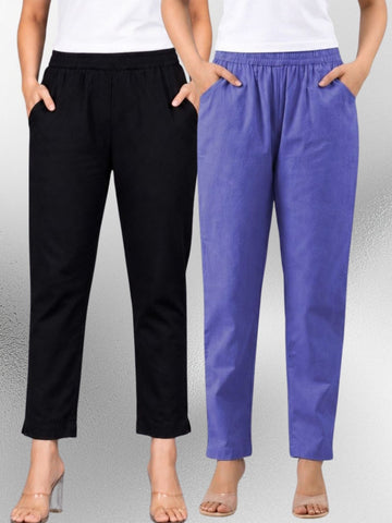 Black & Denimblue Regular Fit Elastic Cotton Trouser Combo