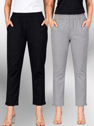 Black & Grey Regular Fit Elastic Cotton Trouser Combo