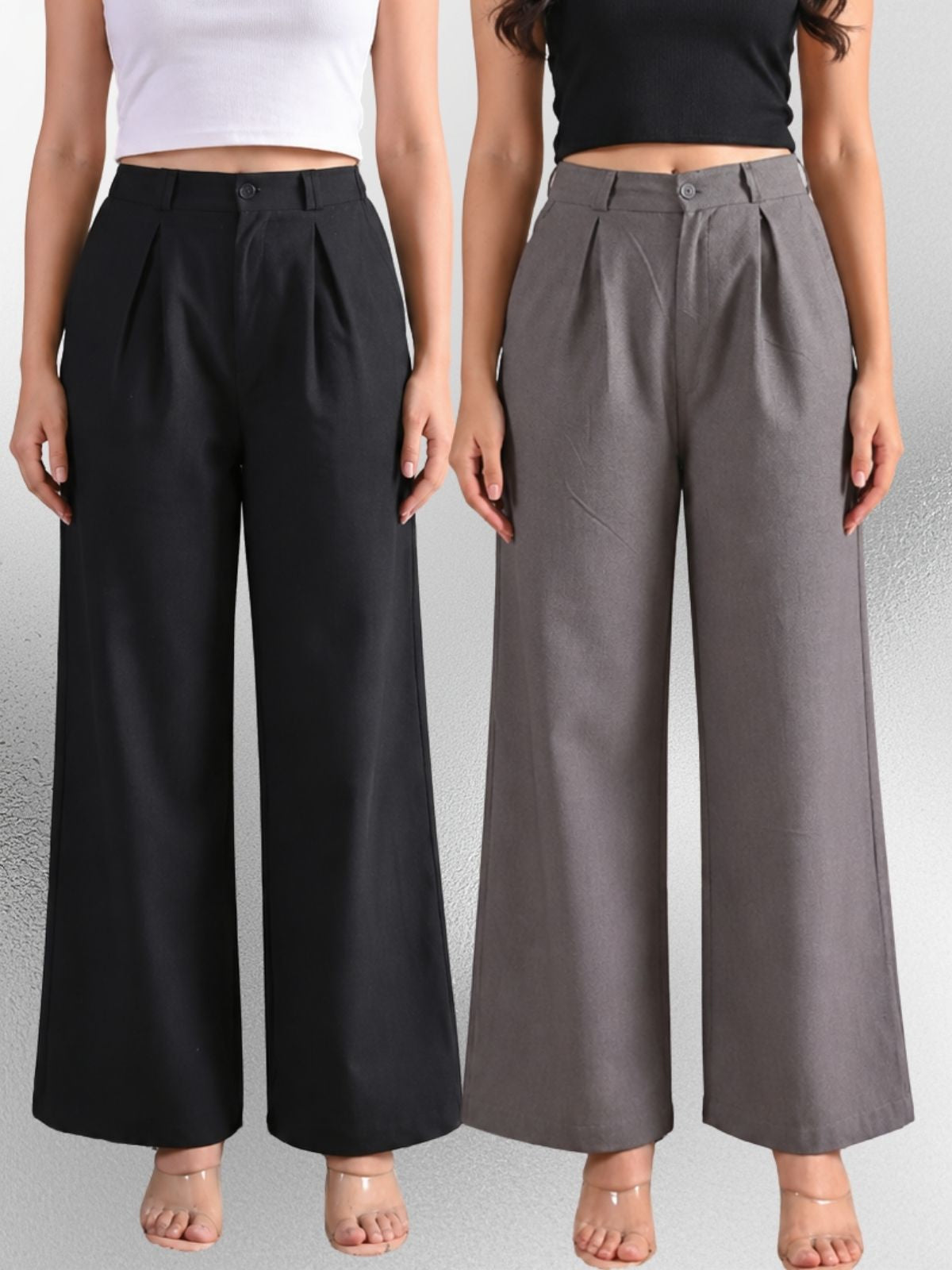 Black & Grey-Cotton Wide Leg Pants Combo