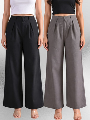 Black & Grey-Cotton Wide Leg Pants Combo