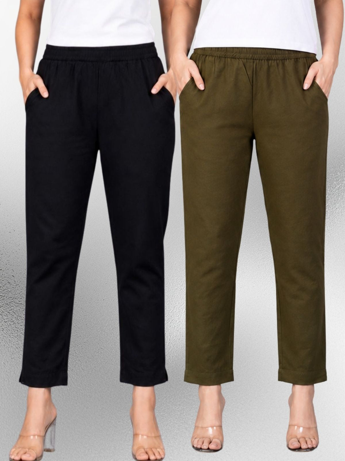 Black & Mehendi Regular Fit Elastic Cotton Trouser Combo
