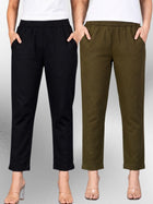 Black & Mehendi Regular Fit Elastic Cotton Trouser Combo