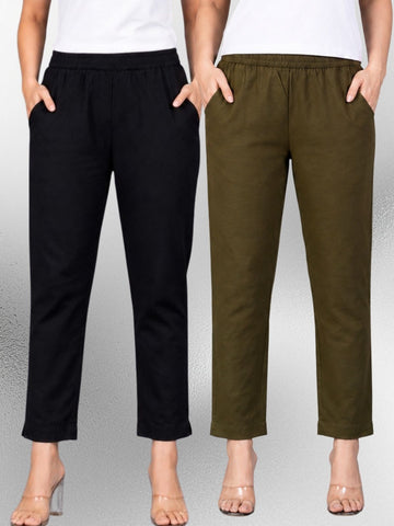 Black & Mehendi Regular Fit Elastic Cotton Trouser Combo