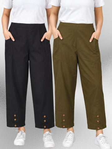 Black & Mehndi Cotton Straight Cargo Pant Combo