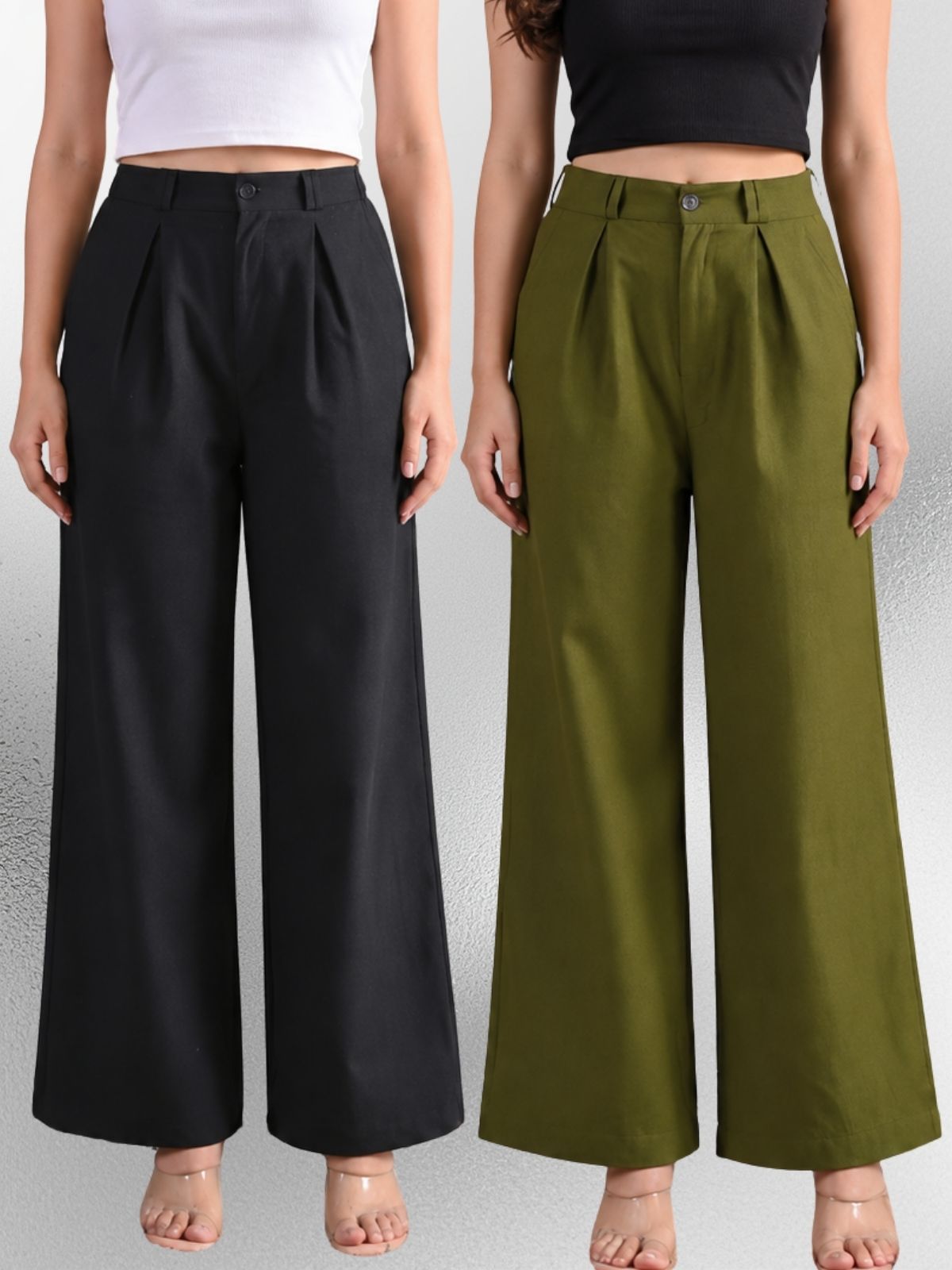 Black & Mehndi-Cotton Wide Leg Pants Combo