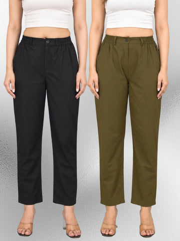 Black & Mehndi Regular Fit Cotton Formal Trouser Combo