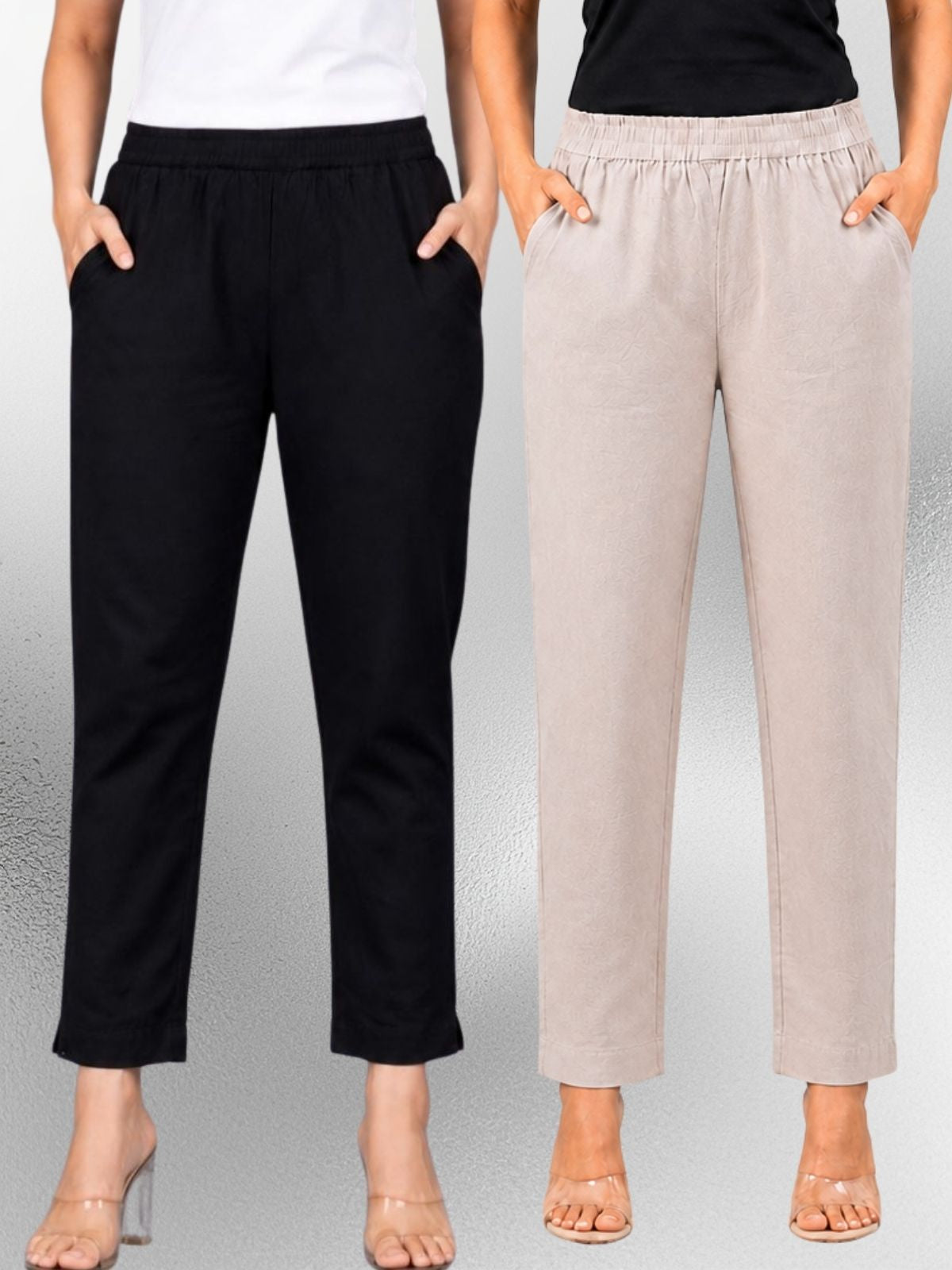Black & Melange Regular Fit Elastic Cotton Trouser Combo