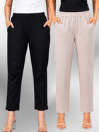 Black & Melange Regular Fit Elastic Cotton Trouser Combo