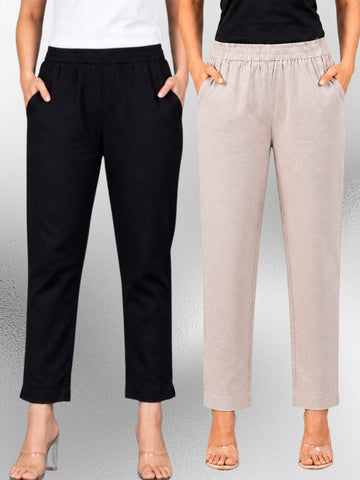 Black & Melange Regular Fit Elastic Cotton Trouser Combo