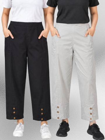 Black & Melange Cotton Straight Cargo Pant Combo
