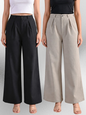 Black & Melange-Cotton Wide Leg Pants Combo