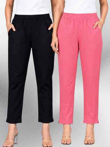 Black & Mauvepink Regular Fit Elastic Cotton Trouser Combo
