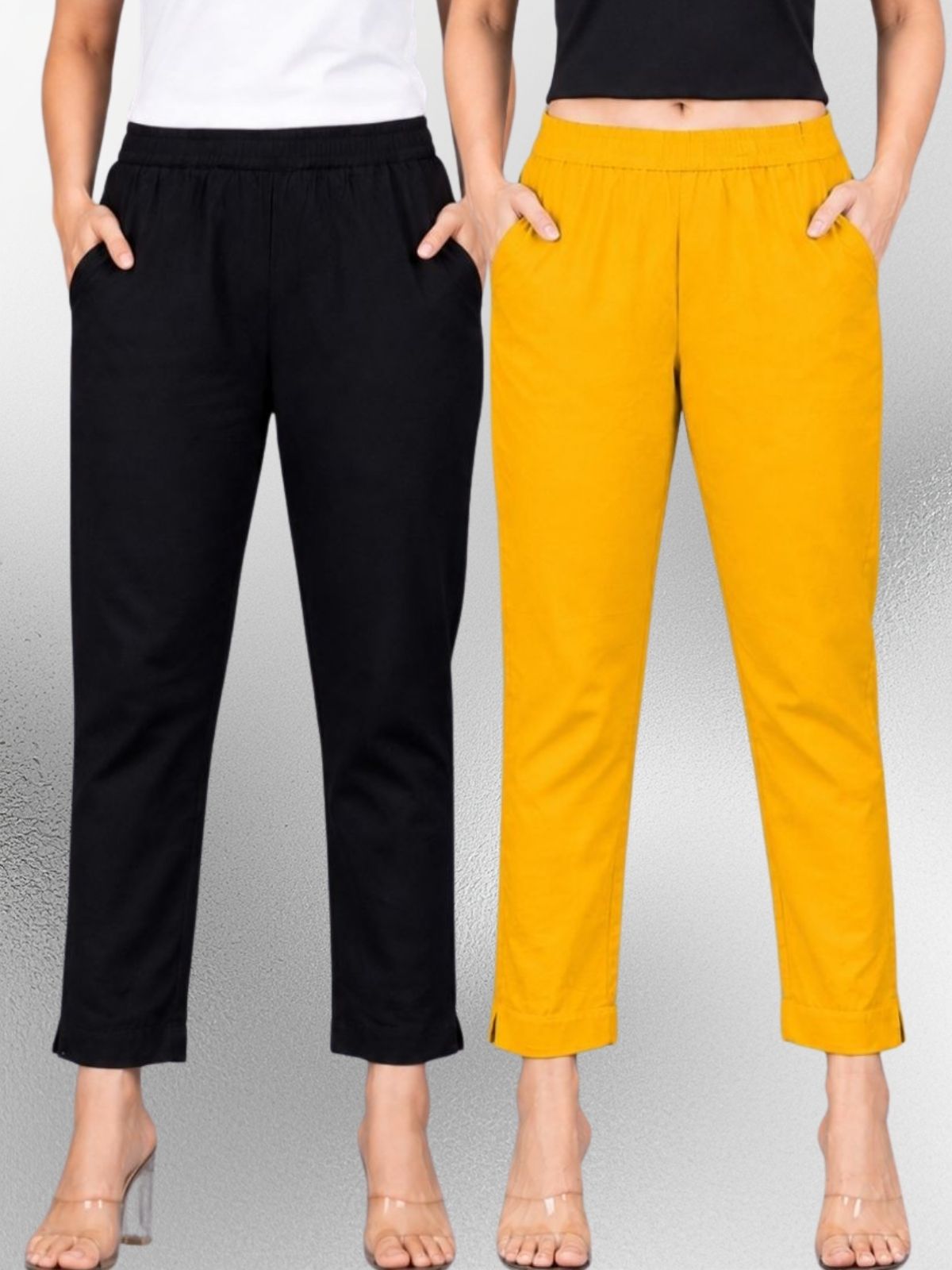 Black & Mustard Regular Fit Elastic Cotton Trouser Combo