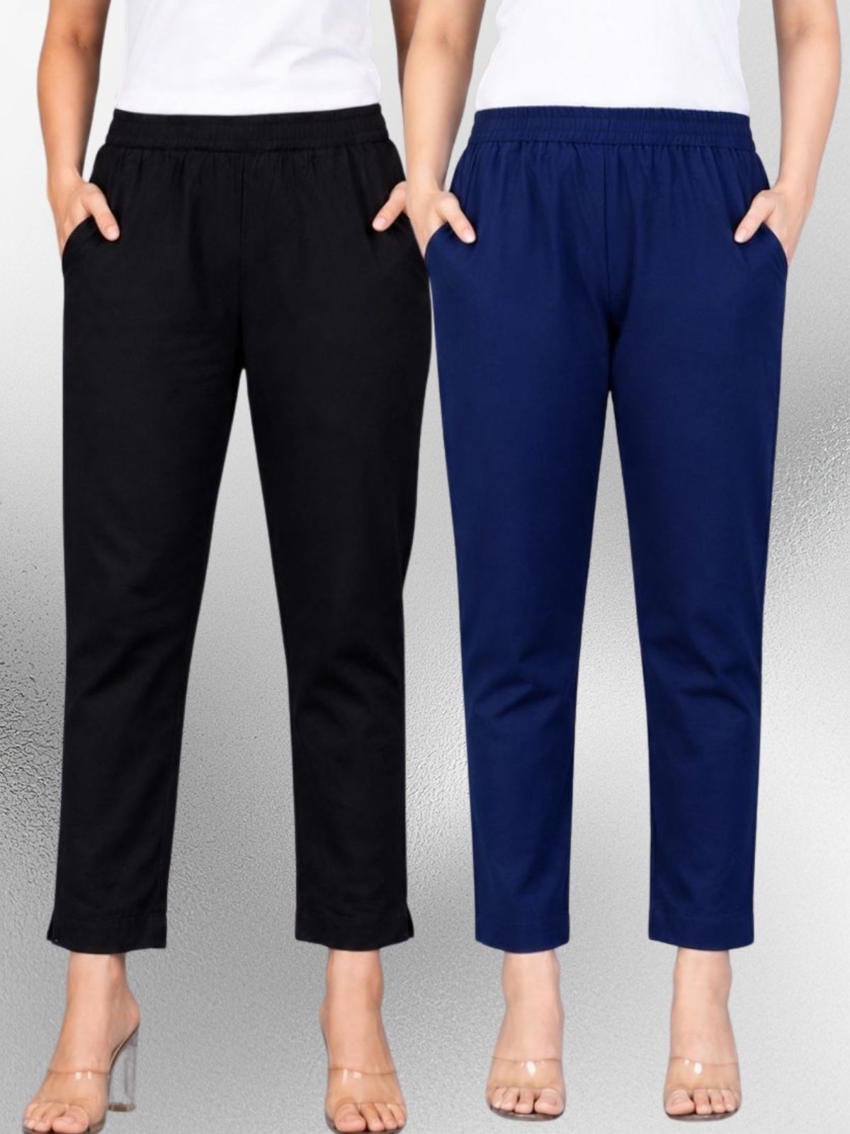 Black & Navyblue Regular Fit Elastic Cotton Trouser Combo